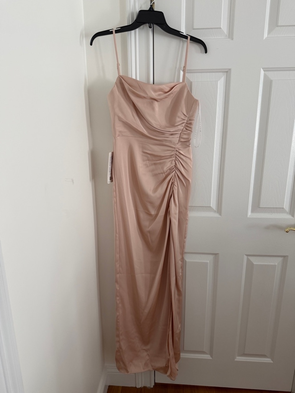 Azazie Blush Satin Cowl-Neck Ruched Maxi Dress